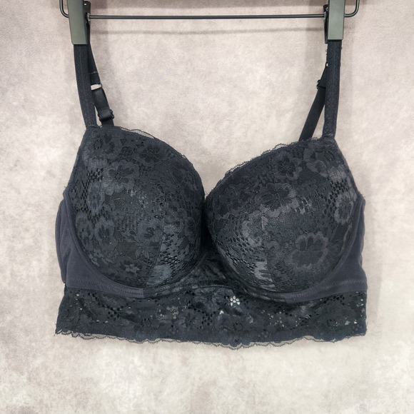Adored By Adore Me Longline Bra Women's Size 40DD Off Black Lace Lightly Lined - Picture 1 of 7